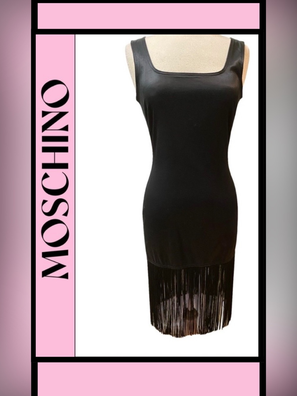 MOSCHINO Jeans Black Bodycon Lycra Dress w/ 11” Fringe Sz 12 ( fits Sz 8) NEW